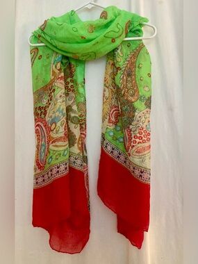 Lightweight Oversized Green and Red Paisley Scarf / Wrap Size 42”x72”